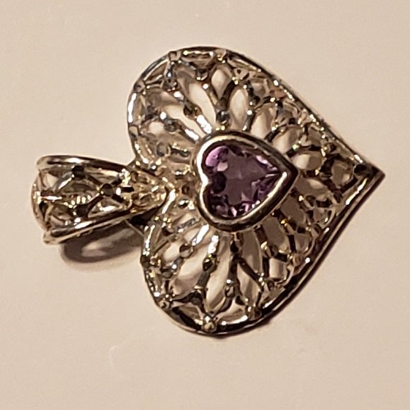 Genuine Amethyst Sterling Silver Filigree Heart Pendant - Picture 5 of 5